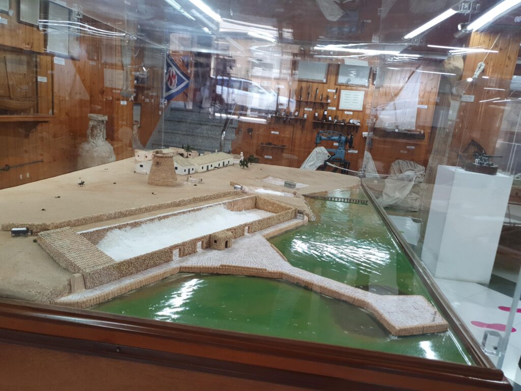 a showcase displaying an antique in the salt museum of torrevieja next to the pink lagoon