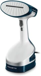 The Rowenta handheld steamer at work, delivering continuous steam for easy garment care at home or on the go.