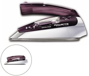 A close-up of the Rowenta Compact Steam Iron DA1560 shows its stainless steel soleplate, the foldable handle, and a clear water tank, emphasizing its convenient design for those who need a portable iron for light ironing tasks while traveling.