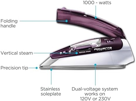 The Rowenta DA1560 Compact Travel Steam Iron sits on a light-colored countertop, with its foldable handle visible and showcasing its compact size. The sleek purple exterior stands out, with a clear view of the stainless steel soleplate and micro steam holes that ensure smooth ironing. A travel bag is positioned beside it, emphasizing its portability and travel-ready design.